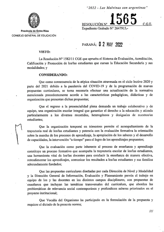 Resolución Nº 1565-22 CGE amplía Resolución Nº 1582-11 CG sistema de evaluación y promoción de estudiante de la Educación Secundaria_pages-to-jpg-0001