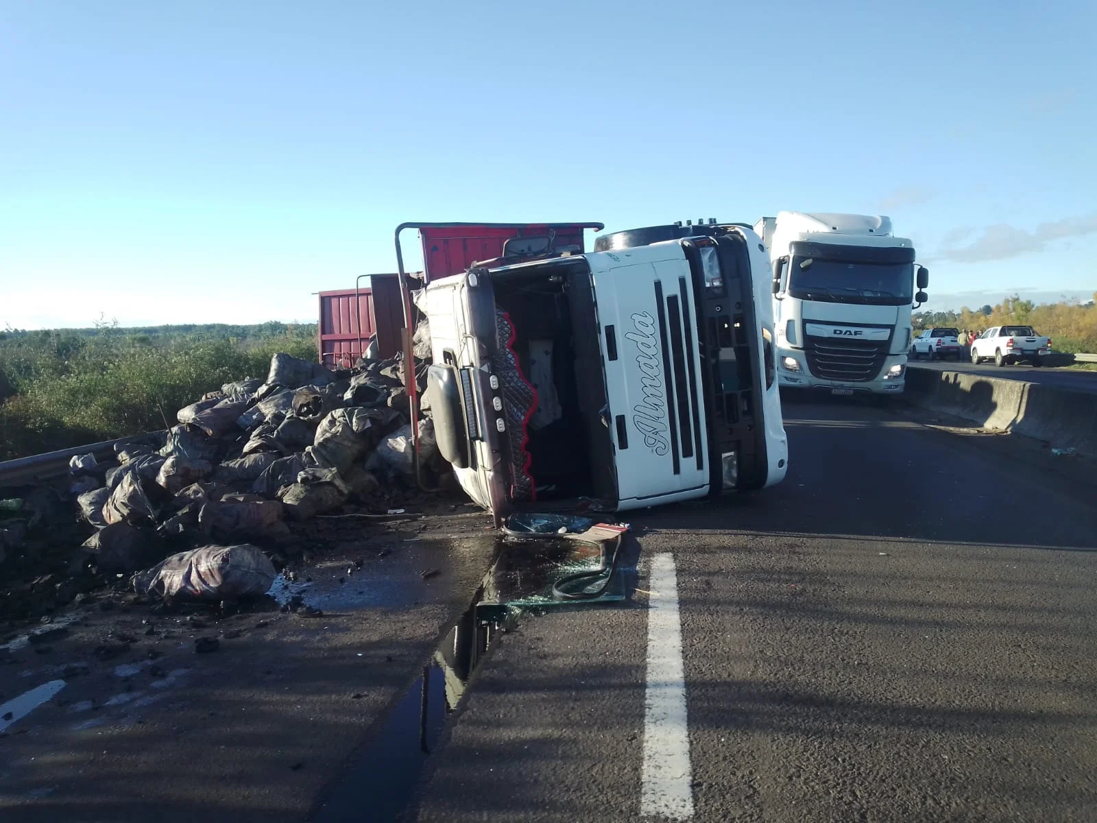 Mordió la banquina y volcó el camión que conducía desparramando la carga de carbón que transportaba-