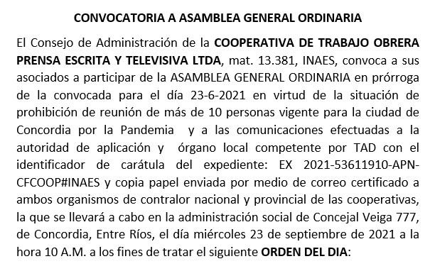 Convocatoria a Asamblea General Ordinaria de la Cooperativa de Trabajo  Obrera Prensa Escrita y Televisiva Ltda.