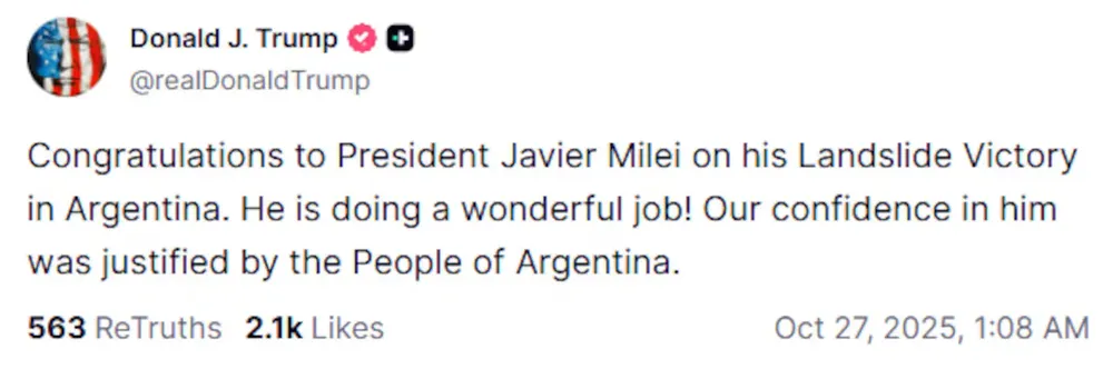 la-publicacion-de-donald-trump-en-la-que-felicito-a-javier-milei-por-los-resultados-en-las-elecciones-legislativas-foto-truthsocialrealdonaldtrump-UJBSUFPNUZFK5JLUXTX5GMN4SY