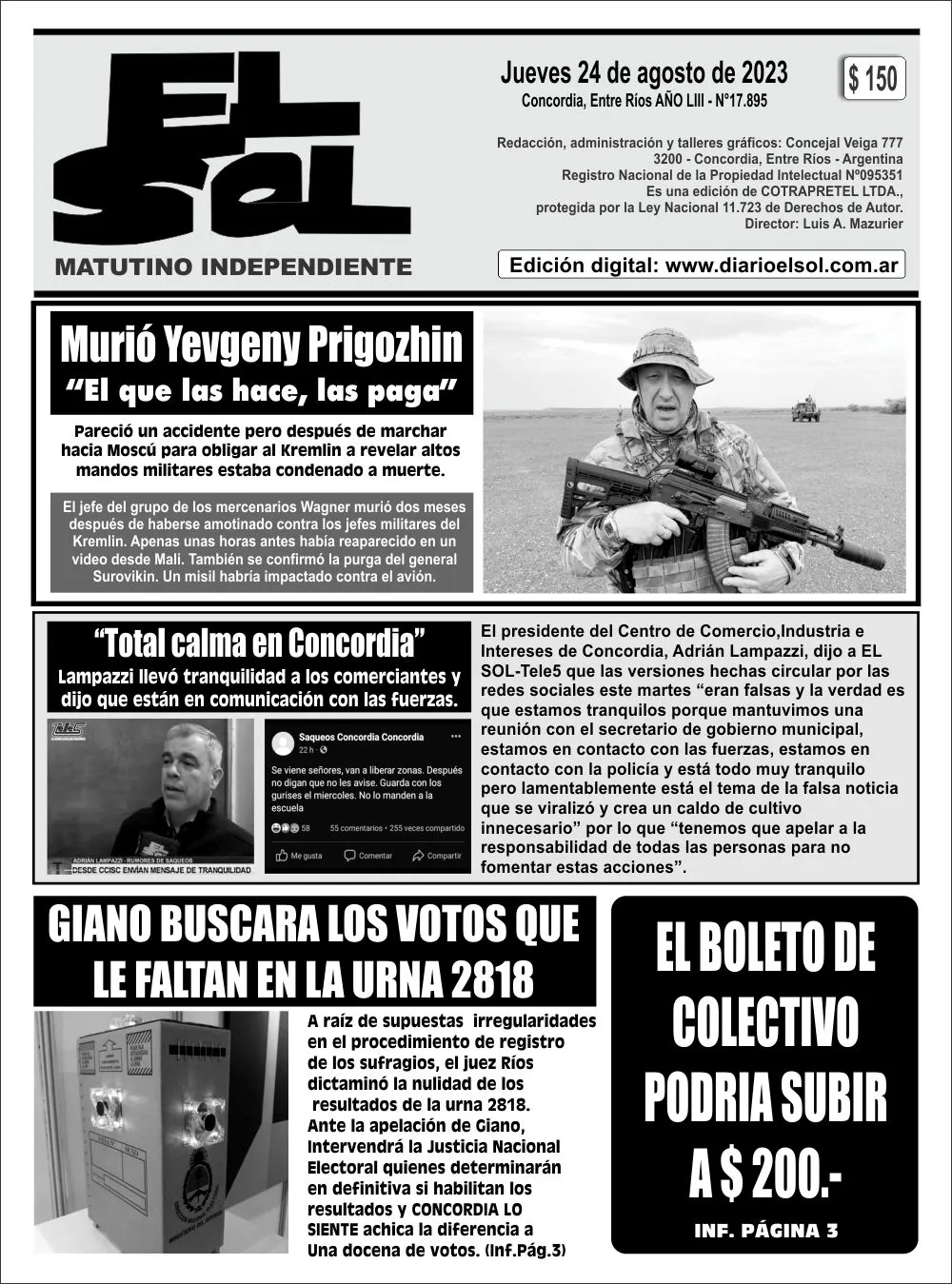 Tapa Edición Impresa Jueves 24 De Agosto 4566