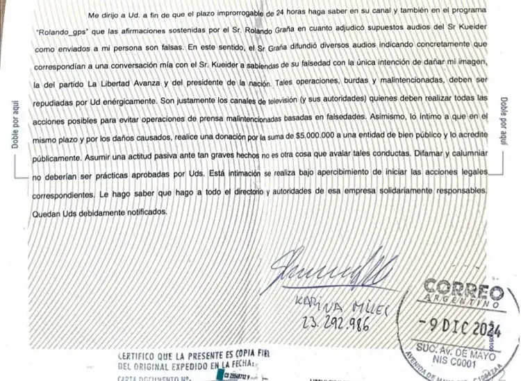 La carta documento enviada por Karina Milei a Rolando Graña y el canal América.